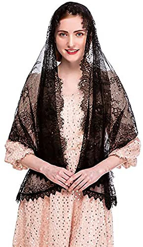 FakeFace Hochzeit Brautschleier, Spitzenschleier Kopfbedeckung Schal, Katholische Mantilla Kirche Schleier Muslimisches Kopftuch, für Braut Kirche Halloween Cosplay Party, 150cm (Schwarz-150cm lang)
