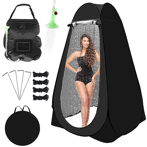 Pop Up Shower Tent, Pop Up Changing Tent with 5 Gallon Solar Shower Bag Camping Privacy Shelter for Outdoor Bathing, Beach, Hiking- Waterproof, Black