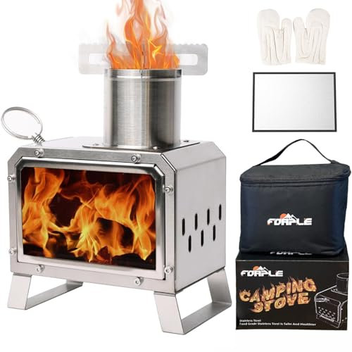 FOAPLE Wood Burning Camping Stove, Portable Camping Stove for Backpacking Stainless Steel Fire Stove with Carrying Bag, Heat Insulation Pad, Gloves, Camping Wood Stove for Outdoor Cooking Hiking BBQ