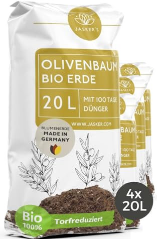 JASKER'S Olivenbaum Erde 80 L (4x20L) mit Dünger - Mediterrane Pflanzenerde - Aus 100% natürlichen Rohstoffen für kräftige Oliven - Erde für Olivenbäume Pflanzen - Erde Olivenbaum - Olivenbaum-Erde