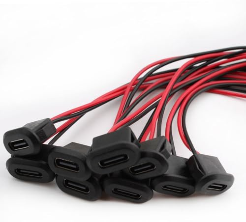 RUNCCI-YUN 10 st USB typ C lödkontakt, panelmonteringskontakt USB typ C, 2 trådar USB C hona kontaktkabel med tryckspänne