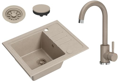 VBChome Handfat beige granit med armatur 55 x 44 cm enkelhandfat inbyggd diskbänk spräcklig reversibel granitdiskbänk beige vattenfall, tvättställ, beige armatur