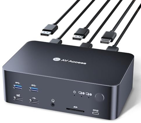 (Desktop only) AV Access KVM Switch 3 Monitors 2 Computers 8K@60Hz, with 6 DP Cables, DisplayPort 2.0, 1G Ethernet, USB 3.0, Docking Station Triple Monitor, 4K@165/144Hz, 2K@144Hz