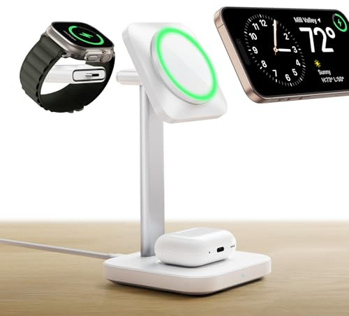 ESR for 3-in-1 Wireless Charging Station, [Certified] Apple Watch Charger & 15W MagSafe Charger Stand for iPhone, Wireless Charger for iPhone 17e/17/16/15/14/13, Watch & AirPods 4/3, White