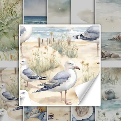 GRAZDesign Fliesenaufkleber Bad & Küche, maritim Strand mit Möwen Watercolor, Klebefliesen selbstklebend - 15x15cm / 10 Stück