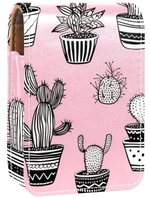 Makeup Organizer,Makeup Lipstick Case for Outside Mini Bag Travel Cosmetic Pouch,Black Plant Pink Background