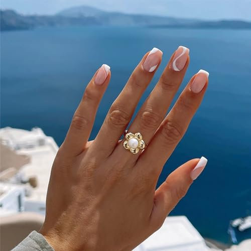 24pcs French Tip Short Square Press-on Nails White Edge Swirl Fake Nails Glue-on Removable Stick-on Acrylic Full Cover Set Nail Art Accessories