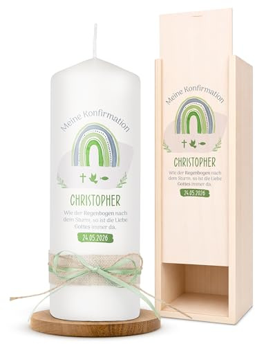 AMARI ® Konfirmationskerze personalisiert Regenbogenzauber (002.09.04) 20/7 cm- Kerze Konfirmation - Konfirmationskerze mit Namen und Datum - Konfirmation Kerze personalisiert Mädchen Junge