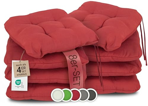 ZOLLNER 8er Set Sitzkissen in 38x38cm - gemütliche Stuhlkissen mit Bindebänder - waschbar bis 30°C - in rot - Oeko Tex® Zertifiziert