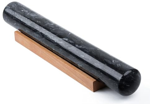 GMYIAK Marble Rolling Pin with Wooden Bracket, Non-Stick Dough Pin for Bread, Pizza Dough, Crust, Pastry, Cookies (Black, 11.8 inch)