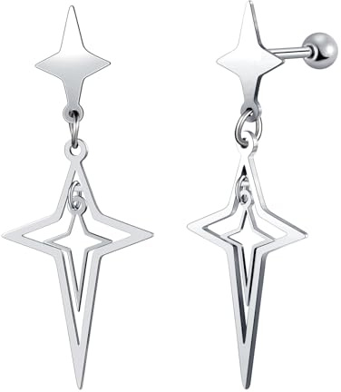 Yumilok Pendientes femeninas barra masculina perforada estrella de cuatro puntas femenina colgante bisagras pendientes bolas plateadas