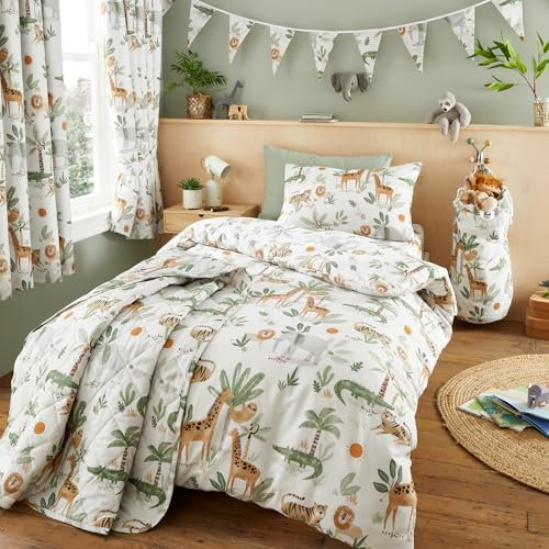Happy Linen Company Girls Boys Kids Jungle Safari Animals Ivory Double Reversible Soft Easy Care Bed Linen Duvet Cover Quilt Bedding Set With Pillow Cases