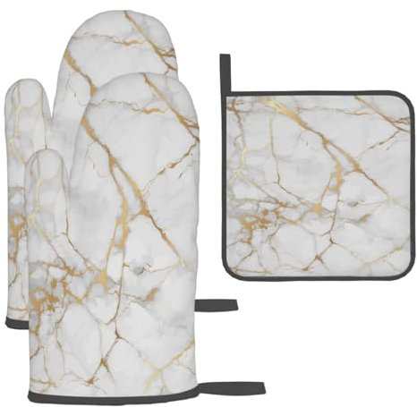 Uoyo Oven Mitts and Pot Holders Sets 3pcs, White Gold Marble Long Gloves & Trivet Mats Set Heat Resistant Kitchen Accessories for Chef Cooking Baking Grilling BBQ