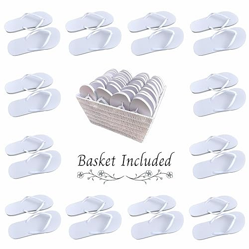 Kate Chesters Art 20-100 Pairs White Wedding Flip Flops Bulk | Basket Included | Wholesale Wedding Guest Shoes One Size Fits All