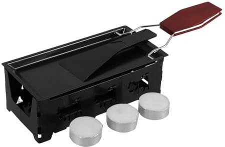 POPETPOP Portable Outdoor Raclette Table Grill Kit Foldable Wooden Handle, Non-Stick Cheese Melts Plate Set Including 3 Candles, Black Cooking Pan for Camping and Party