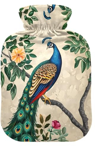 Wärmflasche, 2 l, großer Wärmbeutel mit weichem Plüschbezug, Pfau und Blumen, auslaufsicherer Schraubverschluss, ideal für Wintersport, Outdoor, Rücken, Nacken und Bein, kalte Muskelschmerzen und