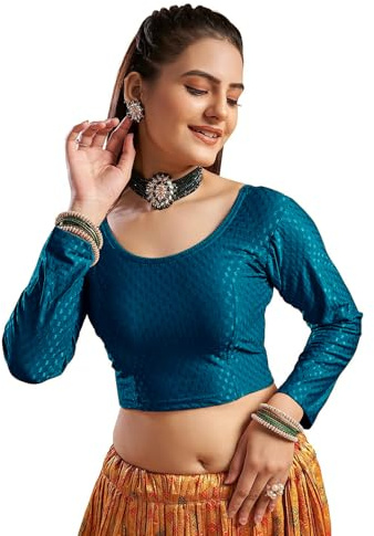 TheMileStock Women's Blouses Gold Stretchable Saree Crop Top Choli Free Size Long Sleeve, Teal, Blue, Can Fit Bust Size 28-38