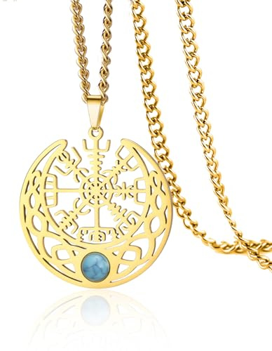 VASSAGO Nordische Wikinger Halskette aus Edelstahl Kompass Vegvisir Anhänger Halbmond mit türkisem keltischem Knoten Talisman Amulett