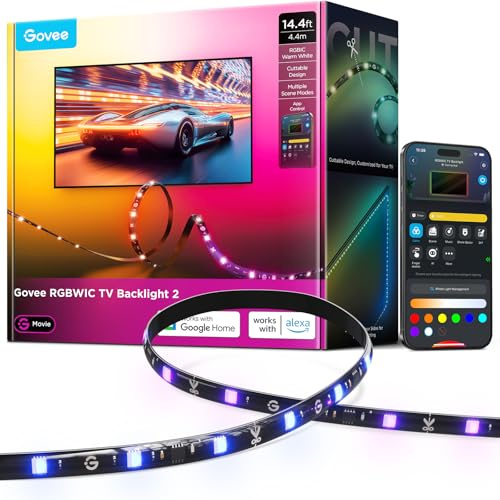 Govee TV LED Hintergrundbeleuchtung RGBWIC für 32-70 Zoll Fernseher | Schneidbares Design, 210+ Szenenmodi, Musiksync, Matter-fähig, App-Steuerung, Alexa Kompatibel, einfache DIY-Installation