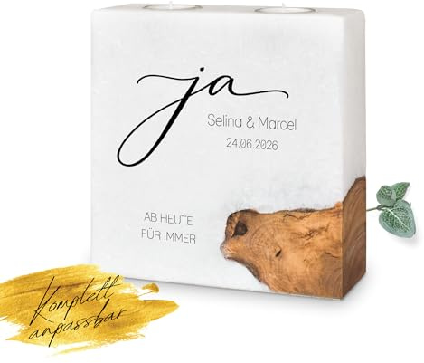 MOMENTU® Hochzeitskerze personalisiert mit Holz Ja 20 x 20 x 6 cm - [zwei Teelichteinsätze und Olivenholzelement] Hochzeit Standesamt, selber machen, selber gestalten, individuell, modern