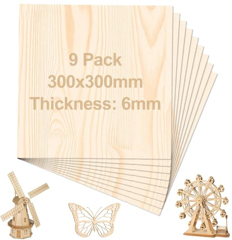 DAJAVE 9 Pcs 6mm Plywood Sheet 300x300mm Wood Sheet, Plywood Sheet Cut to Size Unfinished Birch Wooden Sheets for Crafts, Painting, Model Making, Wood Engraving