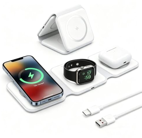 Caricatore Wireless 3 in 1, Caricatore Pieghevole 15W per iPhone 16/15/14/13/12, Apple Watch 10/9/8/7/6/SE e AirPods, Stazione Ricarica Rapida Magnetica con Indicatore LED, Cavo USB-C 1 m
