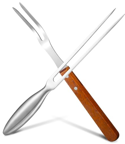 TOBBOMEY 2 pièces Fourchette Barbecue Acier Inoxydable avec Manche Bois Fourchette à Viande Robuste pour Cuisson au Feu de Plein Air Rôtissage et Service