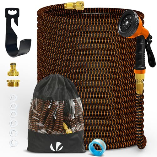VOUNOT® Tuyau d'Arrosage Extensible 45m Renforcé Adaptable 1/2 et 3/4 10 Modes de Pulvérisation Flexible et Anti-Fuite Raccord et Sac de Rangement Fournis Orange