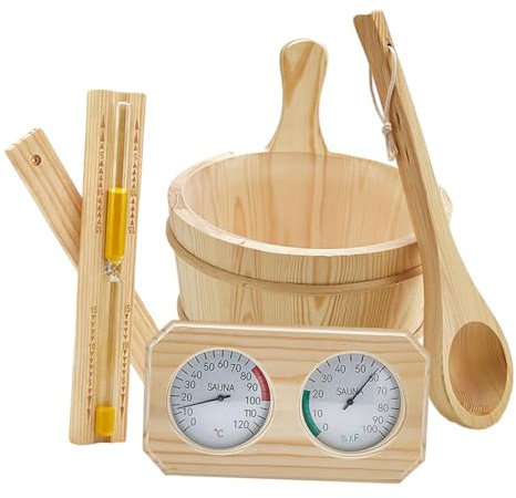 Dualoai Juego de Accesorios para Sauna: Cubo de 4 L, Maceta Resistente, Cucharón Multiusos, Reloj de Arena, Temporizador de Arena para El Hogar, El Baño Y La