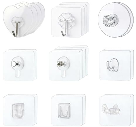 msymsyu 22 Stück Magische Haken, 8 Stile Adhesive Hooks, 6x6CM Klebehaken | Selbstklebende Haken 5kg (Max), Transparent Haken für Badezimmern Küchen Wänden und Anderen Orten Klebehaken