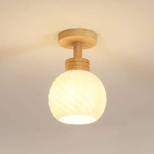 Goeco Deckenleuchte E27, Deckenlampe Holz aus klarem Glas, Hängend Deckenbeleuchtung für Wohnzimmer Flur Schlafzimmer Küche