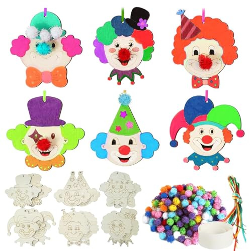 DTXYBC 12 Stück Clown Holz Bastelset, Bastelset Clown Deko Karneval, Karneval Bastelset Holz, Clown Basteln zum Bemalen mit Bommeln, für Fasching Karneval Mottoparty Geburtstag Mitgebsel