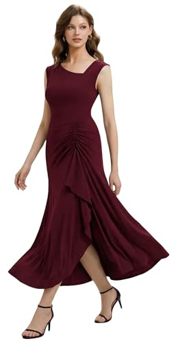 Ever-Pretty Abito Cerimonia Donna Collo Asimmetrico Senzamaniche Maglieria Maxi Gonna Svasata Borgogna 38