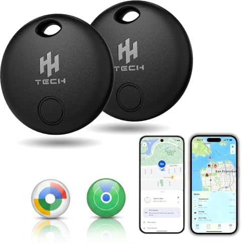 HH-Tech Dual-System Smart Tracker Tags For iOS & Android (Black Pack-2) | Replacable battery, Works with Apple Find My & Google Find Hub, Item Finder for Keys, Bike, Wallet, Luggage, Bags, Cars