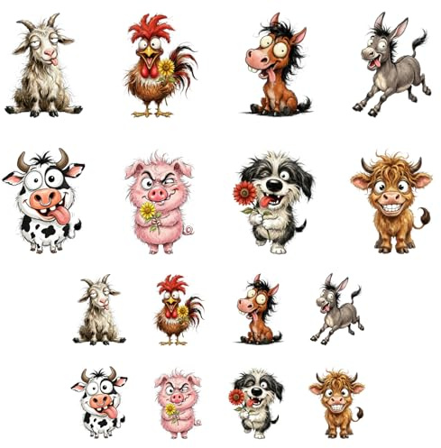 ANATTASOUL 16Pcs Lustige Tiere Bügelbilder Für Textilien für Kleidung | 6.5 x 8 CM/18 x 22 CM Schnell & Einfach Bügelbild DIY Sticker zum Aufbügeln Bügelbilder Erwachsene für Hosen, Hüte, Taschen