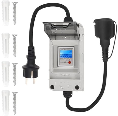 Mobiler Digitaler Stromzähler mit LS-Schalter Reset 230V 16A, IP65 Wasserdichtem Gehäuse Mobile KWH Messgerät Outdoor Tragbar LED Stromzähler für Wohnmobile Elektroautos Steckdosen Haushalt