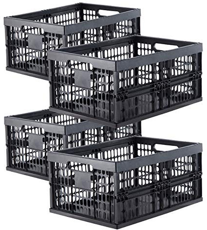 Grizzly Klappbox 4 er Set - faltbar aus Kunststoff - Einkaufskiste klappbar und stapelbar 32L schwarz