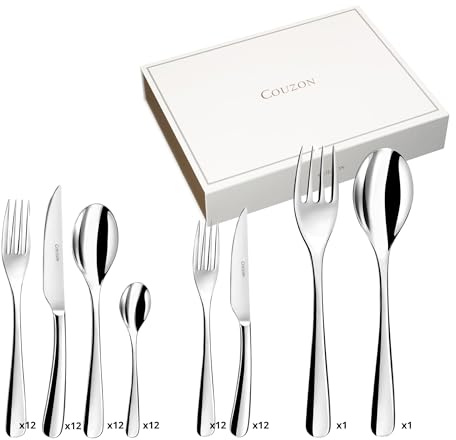 COUZON - Ménagère 74 couverts de table en coffre bois pour 12 personnes - Haikou - Acier inoxydable 18/10, Finition Miroir, Epaisseur 3.5 mm - Inox