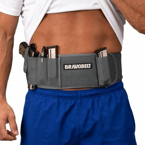 BRAVOBELT Belly Band Holster - Athletic Flex FIT for Running, Jogging, Hiking - G17-43 S&W M&P 40 Shield | for Men & Women (Grey Ghost, Standard - Up to 44 Belly)