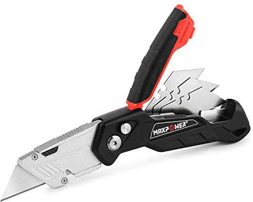 MAXPOWER Cúter Plegable de Cambio Rápido con Cuchillas de Recambio Adicional de 3 Piezas, Almacenamiento de Hoja, Diseño de Cortador de Línea y Clip para Cinturón