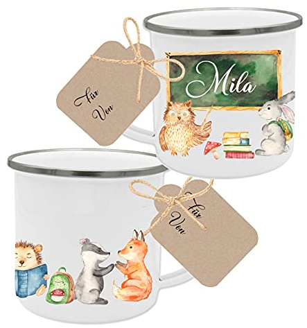 Manufaktur Liebevoll Tasse zur Einschulung mit dem Namen des Kindes und Motiv „Waldtiere I Besonderes Geschenk für Erstklässler I Geschenkidee für Mädchen und Jungen zum Schulstart