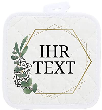 Topflappen Set mit Wunschtext, Motiv Eukalyptus, 2 Stück, 17 x 17 cm | Topflappen 2er Set im Eukalyptus-Design mit Wunschtext – modernes Greenery-Motiv für Küche, Einzug und Hochzeit
