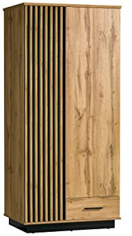 Kleiderschrank Lanimo LA01, Drehtürenschrank mit Schublade, Kleiderstange, Fächer, Garderobenschrank, dekorative Lamellen, Schrank für Diele, Flur, Schlafzimmer (Eiche Wotan / Eiche Wotan + Schwarz)