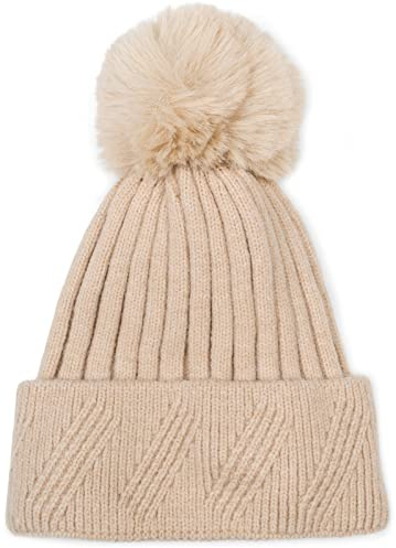 styleBREAKER Damen Strick Bommelmütze Rippenmuster | Isolierendes Thermo-Fleece-Innenfutter, 11 cm Fake-Fur-Pompon, 22 cm elastische Bundweite für 46-59 cm Kopfumfang.