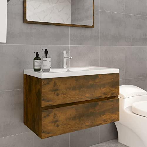 puraday Waschbeckenschrank mit Einbaubecken 80x38,5x45 cm Waschbecken Mit Unterschrank BadmöBel Waschtisch Mit Unterschrank Einbauwaschbecken Waschtischunterschrank Räuchereiche Holzwerkstoff