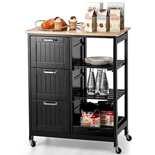 COSTWAY Carrito de Cocina con Ruedas Bloqueables, Carrito de Servicio Multiuso con 2 Estantes Abiertos y 3 Cajones, Bandeja Extraíble, Carro Auxiliar de Madera para Cocina y Comedor (Negro)