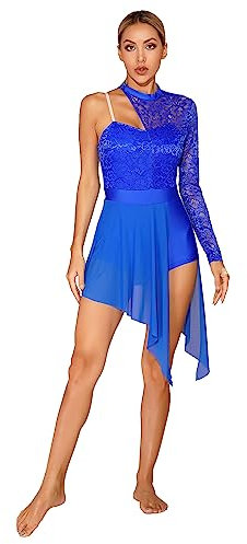 iiniim Damen Lyrisches Tanzkleid Spitze Eiskunstlauf Kleid mit Asymmetrisch Rock Langarm Ballettkleid Latein Chacha Modern Dance Tanzkleidung Royal Blau S