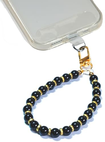 AMAYO - Naturstein Handykette Universal, Handyanhänger, Handy Perlen Schlüsselband, Handschlaufe, Armband, Handyband, kompatibel mit jedem Handy, Smartphone und Handy Hülle (Schwarz Obsidian)