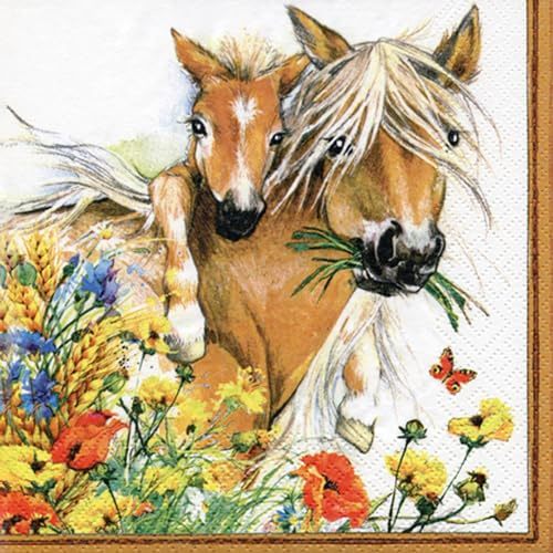 Servietten Papier 33x33cm 3-lagig 20 Stück - Tischdeko nachhaltig - Einweg Hochzeitsservietten - Papierservietten für Hochzeit Gastronomie Alltag - Pferde Blumen Wiese Kindergeburtstag