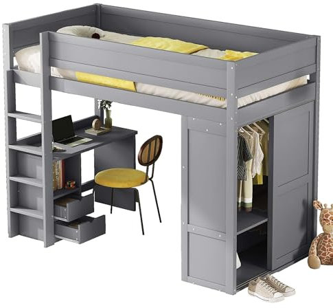 Kinderbett, Etagenbett 90 x 200cm mit Kleiderschrank und Integrierter Schreibtisch, Vielseitig Hochbett mit Rausfallschutz und Schublade, Bettrahmen und Lattenrost aus Kiefernholz, Ohne Matratze, Grau